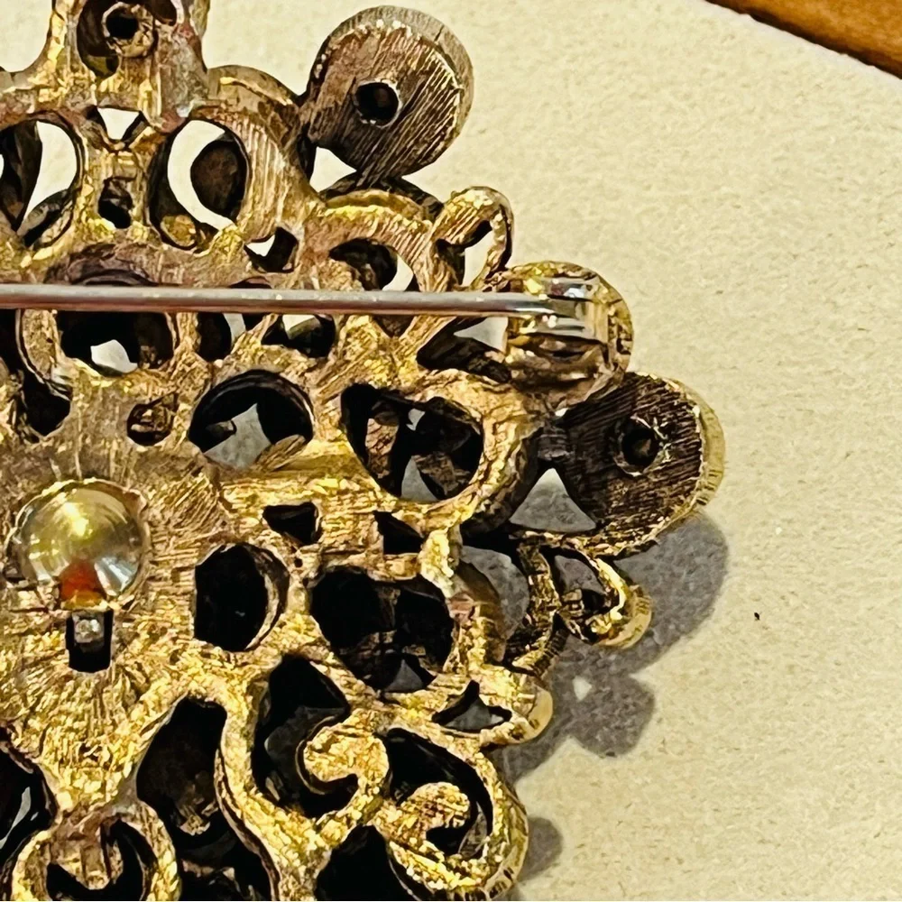 Vintage Gold Tone and Turquoise Brooch with Pearl Drop